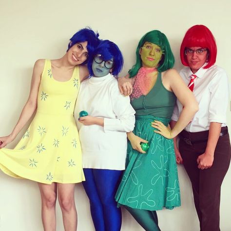 Costumes For 4 People, Inside Out Outfit Ideas, 4 People Halloween Costumes, Disney Costume Ideas, Purim Costume, Purim Ideas, Inside Out Costume, Holiday Boards, Girl Group Halloween Costumes