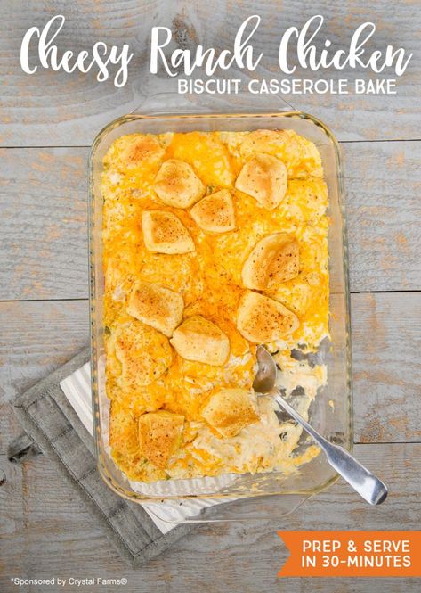 Delicious (and Quick!) Cheesy Ranch-Chicken Biscuit Casserole Chicken Ranch Biscuit Casserole, Easy Chicken Bake, Chicken Biscuit Casserole, Cheesy Chicken Recipes, Biscuit Casserole, Casserole Bake, Chicken Biscuit, Canned Carrots, Pot Pie Casserole