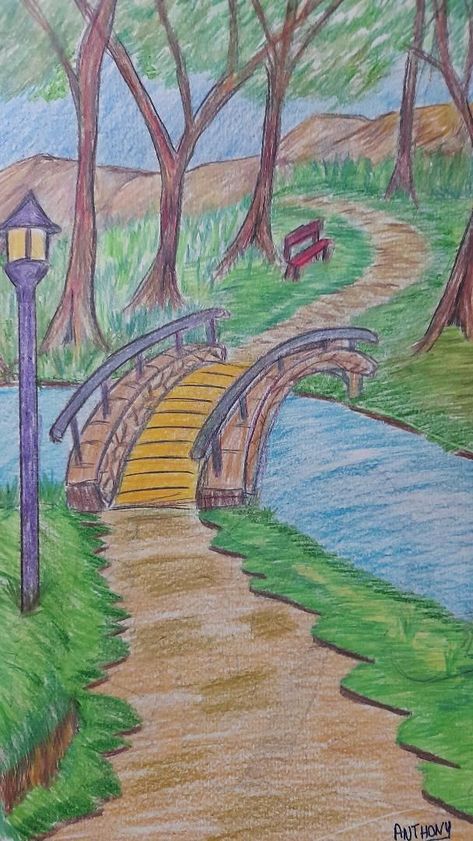 Easy Landscape Drawing Ideas, Easy Landscape Ideas Drawing, Nature Landscape Drawing Easy, Scenery Drawing Ideas, Forest Drawing Easy, How To Draw Nature, Landscape Pencil Drawings, Drawing Scenery, Nature Art Drawings