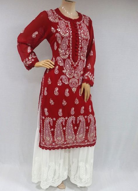 Red Chickenkari Kurti, Chikankari Kurti Designs Latest, Red Kurti Design, Lucknowi Chikankari Kurti, Red Kurti, Red Bridal Dress, Trendy Outfits Indian, Outfits Indian, Long Gown Design