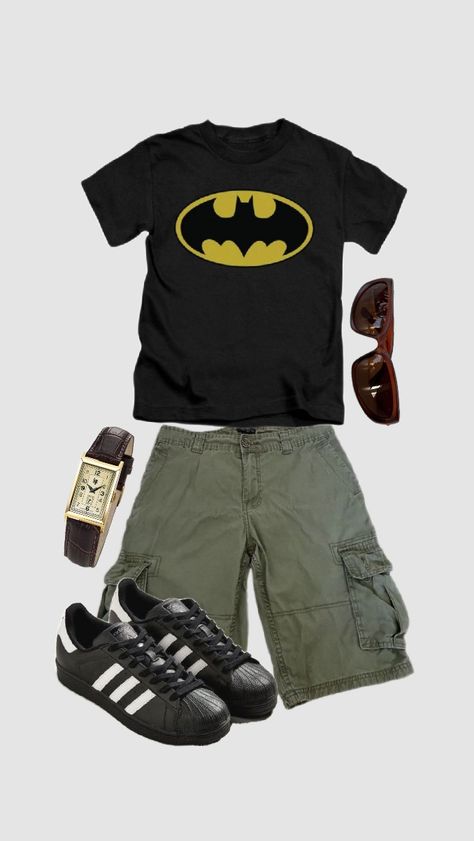 #outfit #outfitinspo #summeroutfit #adidas #springoutfit #batman #jorts #grunge Batman Aesthetic Outfit, Mens Graphic Tees Vintage Outfit, Green Jorts Outfit Idea, Clothes For Boys, Batman Inspired Outfit, Outfit With Boots, Boys Fashion, Boy Clothes, Summer Outfits Grunge