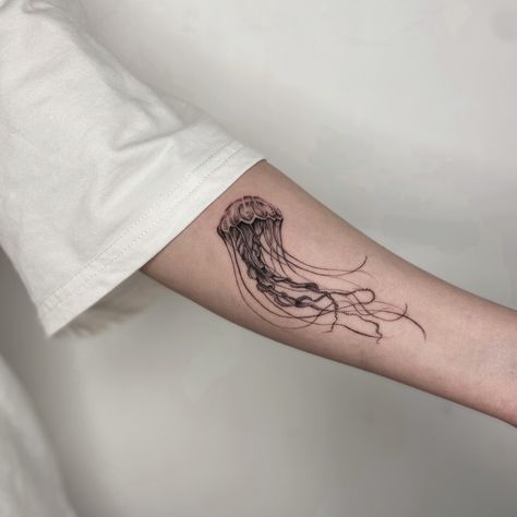 Jellyfish tattoo style microrealism #jellyfish #tattooidea #jellyfish_tattoo Jellyfish Tattoo Drawing, Jellyfish Tattoo Behind Ear, Cool Jellyfish Tattoos, Lions Mane Jellyfish Tattoo, Jellyfish Wrist Tattoo, Jellyfish Tattoo Placement, Jellyfish Tattoo Forearm, Jellyfish Hand Tattoo, Jellyfish Shoulder Tattoo