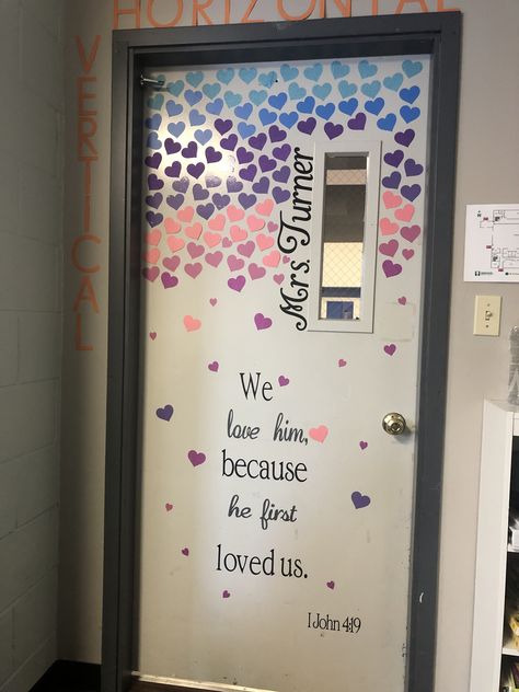 Classroom Door February, Bible Door Decorations Classroom, Bible Class Door Decorations, Bible Verse Bulletin Boards Classroom, February Preschool Door Ideas, Christian School Door Decorations, Lent Door Decorations Classroom, Christian Classroom Door Ideas, Sunday School Door Ideas