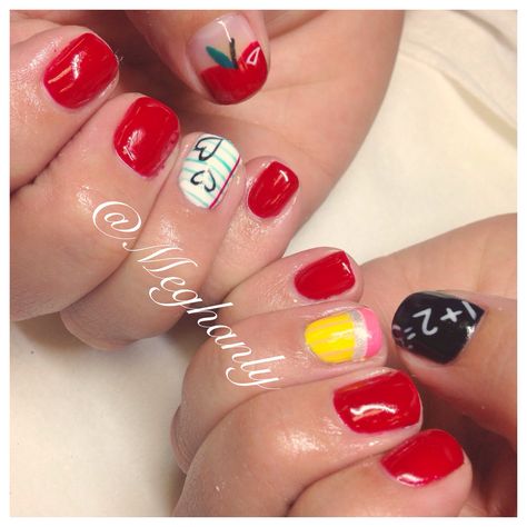 Teacher Nail Art Designs, Teacher Acrylic Nails, School Theme Nails, Gel Nails Back To School, First Day Of School Nail Ideas, Teacher Nails Designs Back To School, School Themed Nails, Very Short Gel Nails, Back To School Nails For Teachers