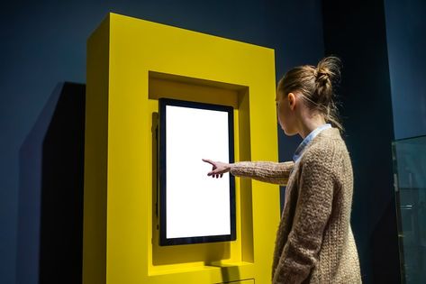 Touchscreen Kiosk, Interactive Kiosk, Interactive Kiosks, Interactive Touch Screen, Adobe Express, Woman Hand, Interactive Display, Exhibit Design, Touch Screen Display