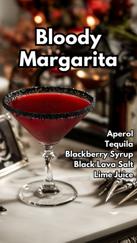 Bloody Margarita with Black Lava Salt Rim Black Salt Cocktail, Black Magic Martini, Gothic Cocktails, Halloween Margaritas, Margarita Flavors, Tequila Tuesday, Fun Halloween Drinks, Spooky Cocktails, Cocktail Cards