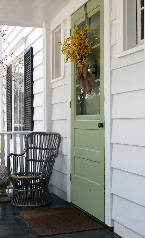 door color and black shutters Green French Doors, Green Front Door Colors, White House Black Shutters, Craftsman Bungalow Exterior, Green Front Door, Door Makeover Diy, White Exterior Houses, Green Shutters, Green Front Doors