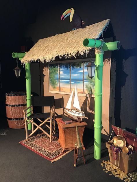 How To Make A Tiki Hut, Diy Stage Decor, Canopy Cafe Vbs, Thunder Island Vbs Decorations, Tiki Hut Classroom Door, Hut Decoration Ideas, Diy Tiki Hut For Party, Jungle Hut Diy, Tiki Hut Decorations