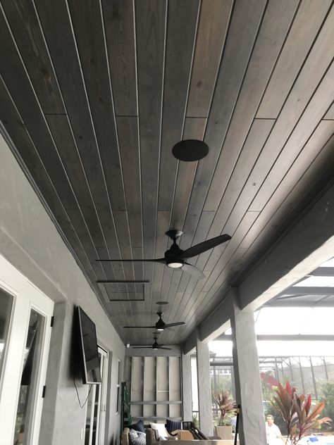 Dark Tongue And Groove Ceiling, Stained Beadboard Ceiling, Stained Beadboard, Wood Interior Walls, Tounge And Groove, Groove Ceiling, Tongue And Groove Ceiling, California Bungalow, Porch Ceiling