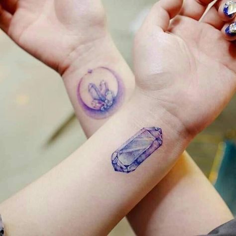 Amethyst purple crystal wrist tattoo Blue Tattoos, Watercolor Heart Tattoos, Friend Tattoos Meaningful, Best Friend Tattoos Meaningful, Cute Best Friend Tattoos, Stone Tattoo, Wiccan Tattoos, Meaningful Symbols, Tattoos Meaningful