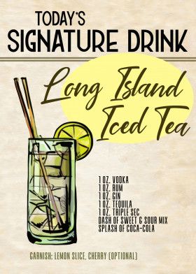 Today's Signature Drink bar decor - perfect for the man cave, basement bar, restaurant, dining room or guest room. Iced Tea Bar, Ice Tea Bar, Tea Sketch, Long Island Tea, Sangria Bar, Alcohol Beverages, Fun Drinks Alcohol, Cocktail Drinks Alcoholic, Cave Basement