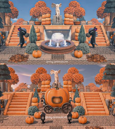 Fountain Acnh, Acnh Halloween Island Ideas, Fall Town, Motif Acnl, Autumn Animals, Animal Crossing 3ds, Ac New Leaf, Animal Crossing Guide, Pumpkin Carriage