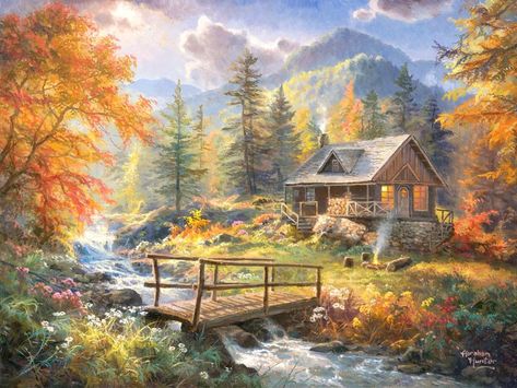 Country Scenes Painting, Rainbow Falls, Cabin Art, Summer Scenes, Landscape Art Painting, A Cabin, Cabin In The Woods, Photo Vintage, Art Kit