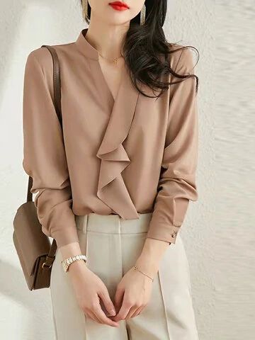 ZANZEA Solid Ruffle Stand Collar Long Sleeve Blouse For Women Cheap - NewChic Mobile Formal Tops For Women, Formal Tops, Fashion Tops Blouse, Plain Blouse, Elegant Blouses, Spring Tops, Cotton Blouse, Collar Blouse, Print Blouse