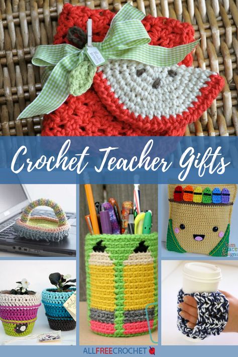 Make one of these affordable crochet teacher gifts to show your appreciation! These are also fabulous presents for the first or last day of school. Crochet Teacher Appreciation Gifts, Crochet Teacher Gifts Free Pattern, Teacher Gifts For Christmas, Crochet Games, Sell Crochet, Crochet Teacher, Corak Krusye, Crochet Teacher Gifts, Crochet School