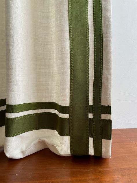 Pleated Curtains,white Linen Curtain Panels With Decorative Green Ribbon,drapery Panels,soft Scrunched Linen Curtains - Etsy Add Trim To Curtains, Different Curtains In Same Room, White Bedroom Curtain Ideas, Bathroom Curtains Window, Green Curtains Bedroom, Curtain Border, White Curtains Bedroom, Summit House, Natural Curtains