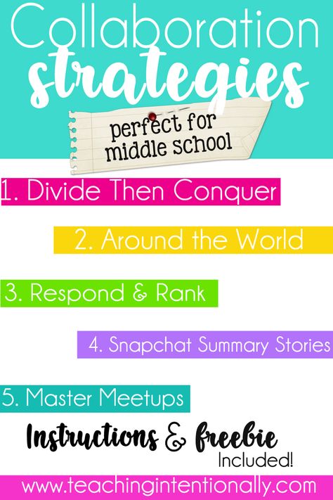 If you are looking for some collaboration ideas and strategies that are fun and easy to implement, then these five strategies are for you! Click to read how to use them in your middle school class and for a free download! Collaborative Teaching Strategies, Math Collaboration Activities, Collaborative Activities For Students, Engagement Strategies Middle School, Kagan Strategies Middle School, Instructional Strategies Middle School, Avid Strategies Middle School, Learning Strategies Middle School, Middle School Teaching Strategies