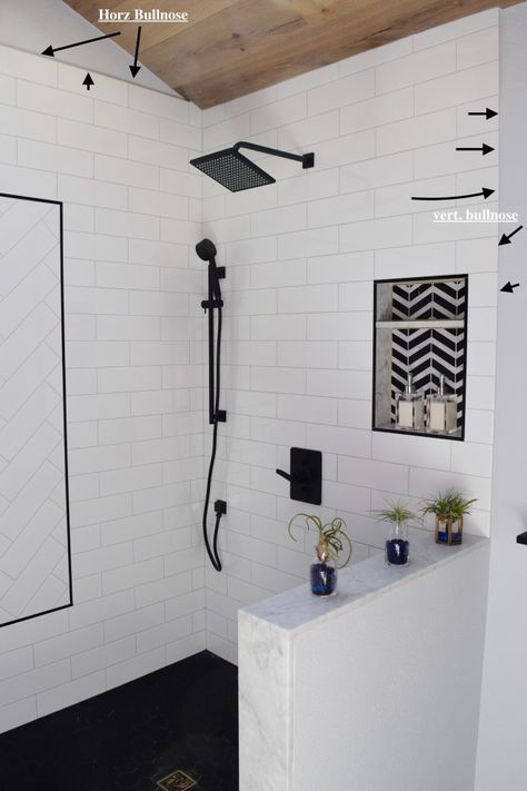 Finishing white subway tile - trim vs schluter Grey Hexagon Tile Bathroom Floor, Grey Hexagon Tile Bathroom, Hexagon Tile Bathroom Floor, Hexagon Tile Bathroom, White Subway Tile Shower, Restroom Remodel, White Grout, Subway Tile Showers, Grey Bathroom Tiles