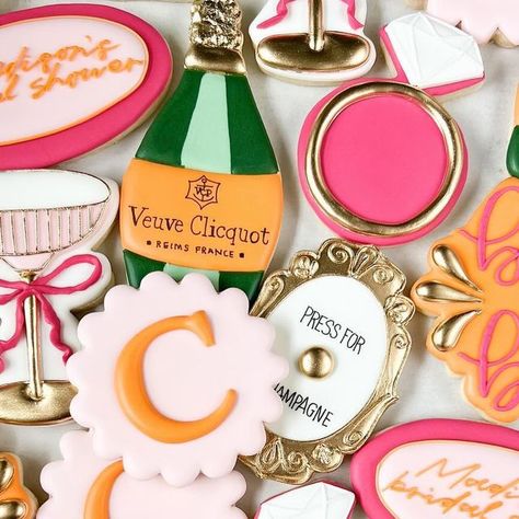 Baked by Becca on Instagram: "Madison’s bridal shower🍾🥂🧡🩷 full event done by @weliketoparty_tx   #vuevecookies #vuevecliquotcookies #champganebottlecookies #bridalshowercookies #ringcookie" Vino Before Vows, Bridal Shower Inspo, Bridal Shower Cookies, Bachelorette Decorations, Fancy Cookies, Food Inspo, Event Ideas, Cookie Designs, April 22