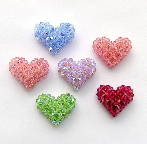 3-D Crystal "Puffy" Hearts and a Strawberry Pattern | Bead-Patterns.com Weaving Instructions, Beaded Hearts, Red Heart Necklace, Ribbon Pattern, Beaded Beads, Beaded Cross, Heart Crafts, Bead Stitching, Puffy Heart