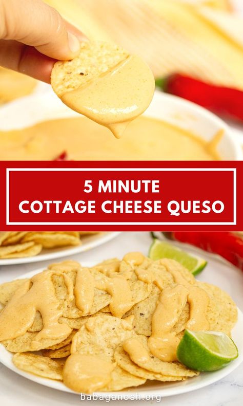 Cottage Cheese Queso - cheesy, smooth, creamy, delicious, and easy to make. Perfect on nachos, as a dip, on tacos, in burritos, and as a healthy dip or party appetizer. This healthy queso has 4 ingredients and is ready in 5 minutes without any cooking. EASY and perfect for a healthy snack. Healthy Queso, Queso Dip Easy, Cottage Cheese Queso, Healthy Nachos, Cottage Cheese Dips, Healthy Dip, Healthy Cheese, Cheese Queso, Cheese Tacos