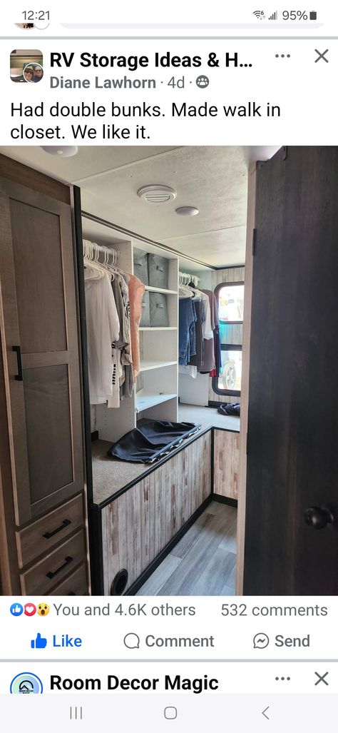 Diy Rv Closet, Rv Closet Remodel, Remodeled Trailer, Rv Closet, Double Bunk, Diy Camper Remodel, Big Closets, Diy Rv, Rv Storage