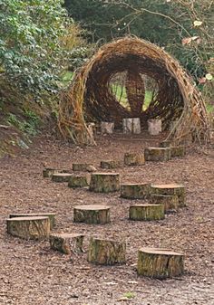 Large Outdoor Games Diy, Outdoor Sensory Area Play Spaces, Woodland Play Area, Whimsy Woods, Sensory Trail, Clubhouse Ideas, Sensory Space, Natural Play Spaces, Primitive Houses