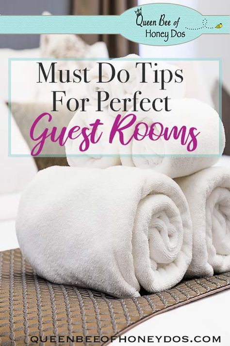 Tips for the Perfect Guest Rooms - Use these great ideas to create the perfect space for your guests! #bedrooms #decor #queenbeeofhoneydos Diy Bed And Breakfast Ideas, Guest Room Towel Ideas, Things For Guest Bedroom, Themed Guest Bedroom Ideas, Guest Bedroom Styling Ideas, Preparing Guest Room, Inviting Guest Bedroom, Grandkids Guest Room Ideas, Gift Basket For Guest Room