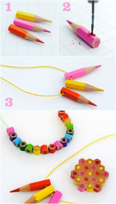 Colored Pencil Jewelry Colored Pencil Upcycle, Diy Art Jewelry, Recycled Jewelry Upcycling, Pencil Shaving Art, Diy Jewelry Recycled, Pencil Jewelry, Recycled Crayons, Pencil Crafts, Crayon Crafts