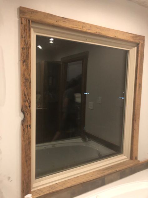 Barnwood Trim Interior, Doorway Remodel, Master Bath Window, Cased Opening, Interior Window Trim, Bath Window, Interior Window, Trim Board, Farm Ideas