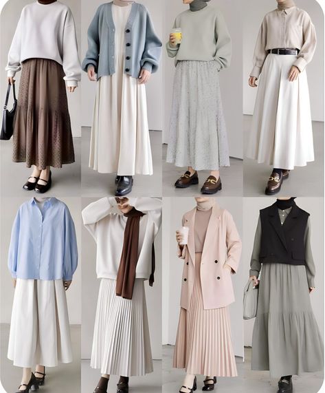 Fashion Inspo Outfits Hijab, Hijab Capsule Wardrobe, Modest Skirt Outfits Muslim, Muslimah Outfit Ideas, Outfit Kampus Hijab, Outfit Kuliah Hijab, Ootd Korean Style Hijab, Rok Korean Style, Outfit Hijab Casual Rok