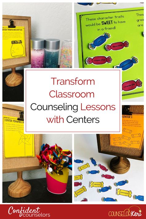 Give your large whole group classroom guidance lessons a small group counseling feel by using school counseling centers in your lessons! Use a quick mini lesson before breaking into small groups for center exploration. Counseling Room, School Counselor Lessons, School Counseling Activities, Guidance Counseling, School Counseling Lessons, Group Counseling, Class Rules, Counseling Lessons, Guidance Lessons