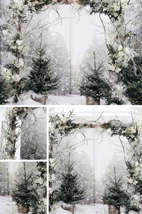 Winter wedding arch for wedding ceremony. Location: Chateau Mcely Decoration: Cool Flowers Winter Wedding Alter Ceremony Backdrop, Winter Wedding Arch Flowers, Winter Wedding Fireplace Decor, Winter Wedding Backdrop Ideas, Winter Wedding Arches, Christmas Wedding Arch, Winter Forest Wedding, Winter Arch, Winter Wedding Arch