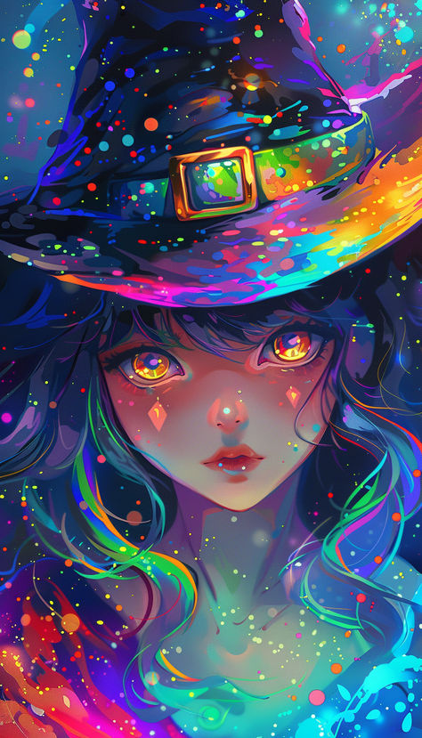 Anime Style Neon Rainbow Witch with Glowing Eyes Witchy Pictures, Rainbow Witch, Glowing Eyes, Celtic Goddess, The Good Witch, Neon Rainbow, Witch Art, Random Art, Witchy Vibes