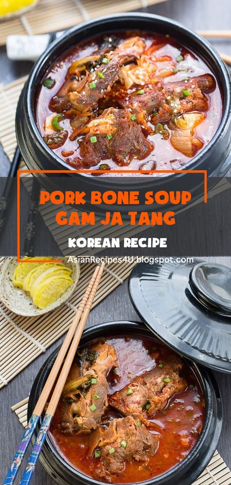 Korean Pork Bone Soup (Gamjatang), with potatoes, makes the best comfort food, and a hearty dinner. Full of rich and authentic flavors, it’s the best soup recipe to warm up with on a cold winter day! #Korean #Recipes #Pork Pork Bone Soup Korean, Korean Beef Bone Soup Recipe, Korean Pork Soup Recipes, Pork Rib Soup Recipes, Korean Pork Soup, Korean Soups And Stews Recipes, Pork Shoulder Soup, Pork Button Bones Recipes, Pork Broth Recipes