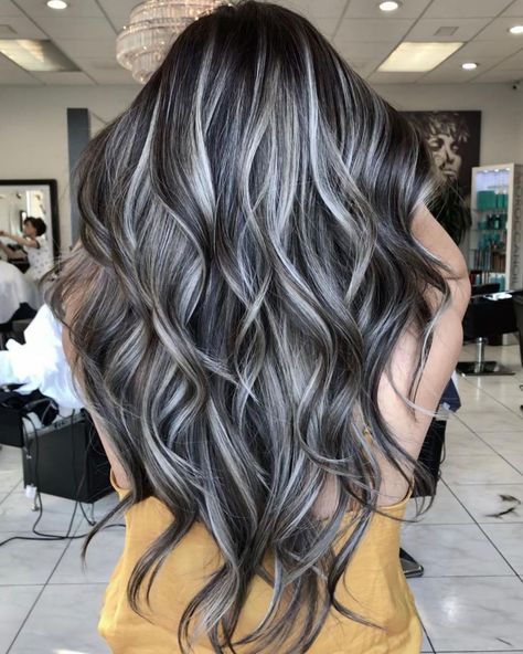 Gray Brown Hair With Silver Highlights Brown Hair With Silver Highlights, Grey Brown Hair, Grey Hair Color Silver, Silver Hair Highlights, Gray Balayage, Grey Hair Transformation, Beauty Hairstyles, Dark Hair With Highlights, Silver Hair Color