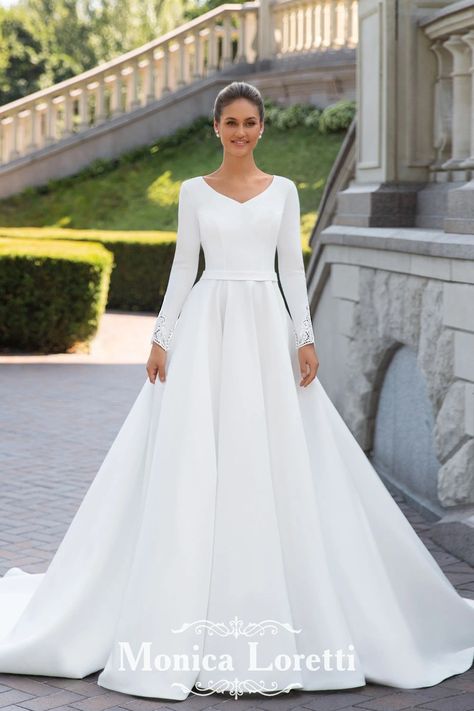 Modest Satin Prom Dress, Long Sleeve Ball Gowns, Modest Wedding Gowns, White Wedding Gowns, Lace Bridal Gown, Beautiful Prom Dresses, Modest Wedding, Modest Wedding Dresses, Satin Wedding