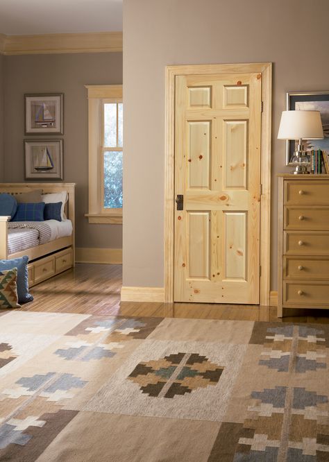 Masonite® | Knotty Pine | 6 Panel Interior Doors Knotty Pine Trim Interior, Natural Pine Trim, Pine Trim And Baseboards, Pine Trim Interior, Pine Baseboards, Pine Doors Interior, Pine Wood Door, Knotty Pine Trim, Knotty Pine Doors