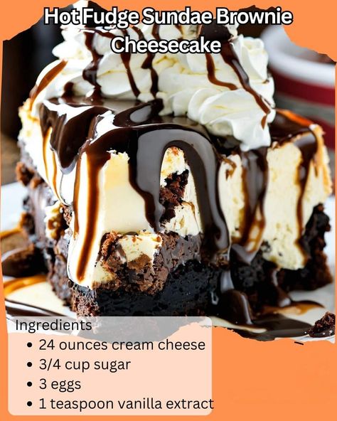 Hot Fudge Sundae Brownie Cheesecake, Walnut Brownie, Cheesecake Ingredients, Hot Fudge Sundae, Whipped Cream Topping, Fudge Sundae, Gooey Cake, Cheesecake Layer, Cheesecake Mix