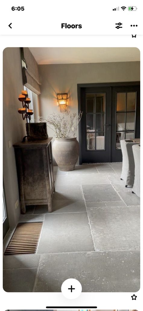 Stone Interior Floor, Mediterranean Flooring Ideas, Tumbled Stone Floor, Kitchen With Stone Floor, Living Room With Tile Floor, Stone Flooring Interior, Stone Floor Kitchen, Living Room Tile Floor Ideas, Conservatory Makeover