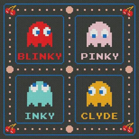 Pacman Ghosts cross stitch pattern Pacman Ghosts, Pacman Ghost, Geeky Cross Stitch, Geek Cross Stitch, Hama Bead, Perler Patterns, Pac Man, Perler Bead Patterns, Vintage Sewing Patterns