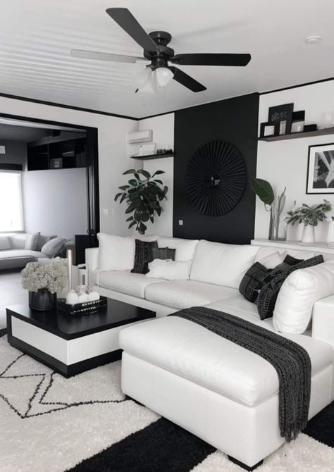 Black And White House Decor Living Room, Black And White House Interior Design, Home Decor Ideas Black And White, Gray White And Black Living Room, White And Black House Interior Design, Black And White House Interior Decor, Black White And Gold Living Room, Black And White Aesthetic Home, Black House Interior Design