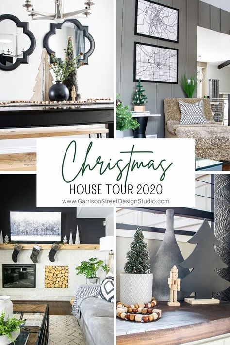 Christmas House Tour 2020 | ©GarrisonStreetDesignStudio | 2020 | Christmas | House | Tour | Modern | Farmhouse | Ideas | Easy | Holiday | Decorations | Christmas Tree | Black | White | Natural | Wood | Nutcracker | Boho | Mid Century | Rustic | MCM | Inspiration | Simple | Xmas | Budget | Scandinavian | Minimalist | Fur | Fireplace | Stocking | Table | Family | Living | Dining | Room | Cable Railing | Wet Bar | Printables | Lights | Cozy | Winter | Entryway | Mantle | Art | Decor Black White And Wood Christmas Decor, Christmas Tree Black White, Winter Entryway, Rustic Mcm, Recycle Decor, Entryway Mantle, Bar Printables, Easy Holiday Decorations, Christmas Tree Black