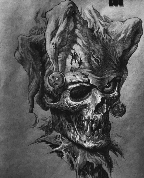 Gotik Tattoo, Evil Skull Tattoo, Skull Sketch, Skull Sleeve Tattoos, Evil Tattoos, Clown Tattoo, Creepy Drawings, Scary Tattoos, Skull Art Drawing