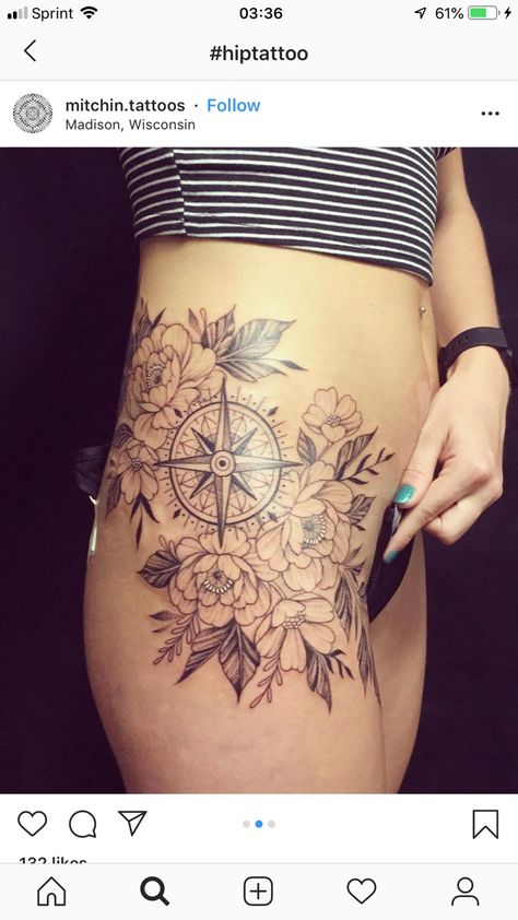 Compass With Flowers Tattoo, Mandala Compass Tattoo, Feminine Compass Tattoo, Nautical Compass Tattoo, Flower Leg Tattoos, Tattoo Fixes, Compass Tattoos, Tattoo 2023, Thigh Tat