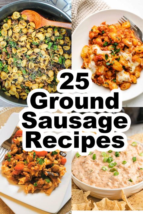 My roundup of easy ground sausage recipes can give you a quick dinner idea on weekdays or a perfect weeknight dinner! Ground sausage is a versatile ingredient that can turn any meal into a satisfying feast for the entire family. From hearty pasta meals to comforting casseroles, these recipes promise to delight your taste buds and make a satisfying meal every time! Quick Ground Sausage Recipes, Ground Sausage Lunch Ideas, Ground Breakfast Sausage Recipes Dinners, Making Sausage From Ground Pork, Sausage Ground Recipes, Country Sausage Recipes Dinners, Pork Sausage Casserole Recipes, Recipes With Ground Breakfast Sausage, Dinner Ground Sausage