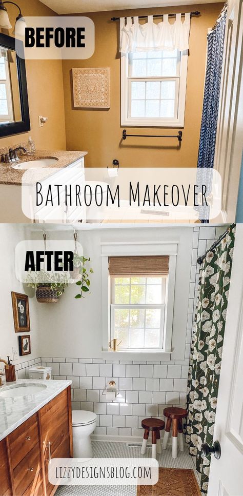 before and after photos of a bathroom makeover and complete remodel Old Tile Bathroom Makeover, 60s Bathroom Remodel, Old Bathroom Makeover, Cheap Bathroom Makeover, Single Wide Remodel, Old Houses Renovation, Home Remodel Before And After, Mobile Home Bathroom, Mobile Home Makeovers