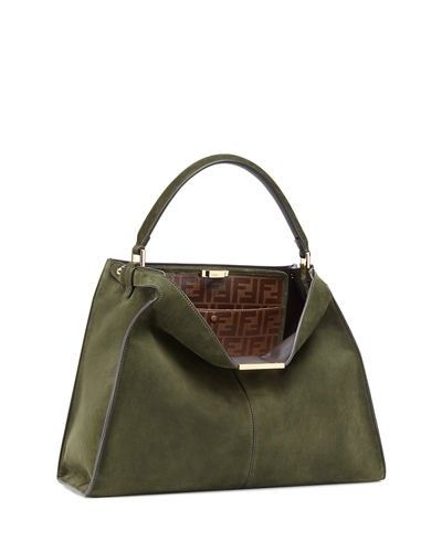 Bergdorf Goodman Fendi Peekaboo X-Lite Suede & Leather Satchel Bag  $4,550.00 Fendi Peekaboo, Suede Bag, Swag Bag, Sheep Leather, Large Handbags, Goat Leather, Green Suede, Fendi Bags, Green Bag