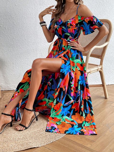 Black Boho Collar Short Sleeve Woven Fabric Floral,All Over Print A Line Embellished Non-Stretch All Women Clothing Havana Nights Outfit Women, Havana Nights Party Attire Women, Cuban Dress, Tropical Clothes, Cuban Outfit, Havana Nights Dress, Havana Style, Havana Nights, Romper Suit