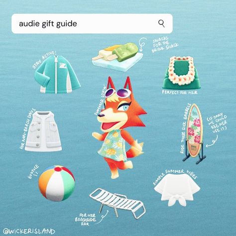 -ˏˋ⋆ c a r o l i n e ⋆ˊˎ- on Instagram: “-ˏˋ audie gift guide ˊˎ-⠀ ⠀⠀ ⠀ this girl makes me wish that we could use the surfboards in the game! enjoy this gift guide for one of…” Audie Animal Crossing, Villager Clothes, Clothes Guide, Hee Man, Animal Crossing Memes, Animal Crossing Guide, Pride Rock, Animal Crossing Wild World, Animal Crossing Characters